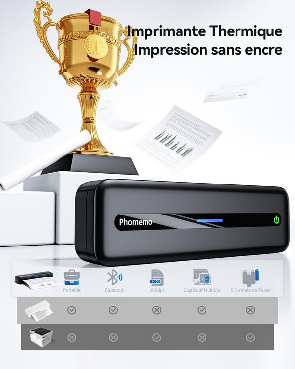 Phomemo Imprimante Thermique A4, M832 Imprimante Portable sans Encre Compatible avec Les Smartphones Via Bluetooth, Windows et macOS Via Un Câble USB, pour Voyage, Sociétés, Maison, Noir