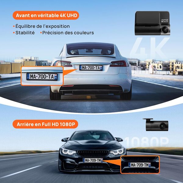70mai Nouvelle Dash Cam 4K A810 Avant et Arrière avec Carte SD de 128 Go, GPS intégré, Vision Nocturne Owl, Support jusqu'à 256 Go, Mode Gardien de Stationnement Intelligent, Détection de Mouvement AI