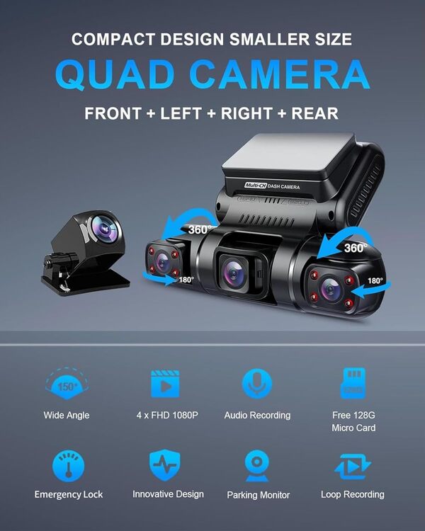 Yabdbg Dashcam Quad 4x1080P Avant,Gauche,Droite et Arrière Caméra Embarquée Voiture,GPS WiFi 24H Mode Parking,Vision Nocturne IR Dash Cam Voiture,150 ° Angle WDR 3 Pouces TFT G-Senseur Gratuit 128GB