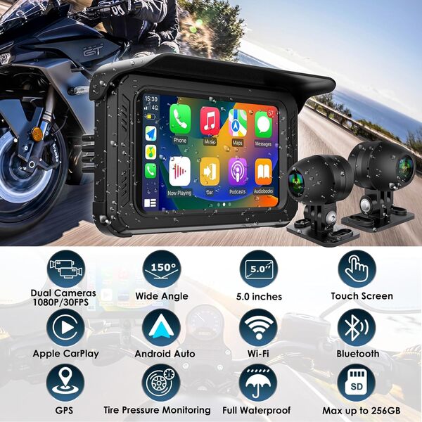ydi Dashcam Étanche Moto avec sans Fil CarPlay et Android Auto, 5'' IPS Écran Tactile, Caméra Avant et Arrière HD 1080P, TPMS, Bluetooth, Wi-FI, GPS, Max jusqu'à 256GB