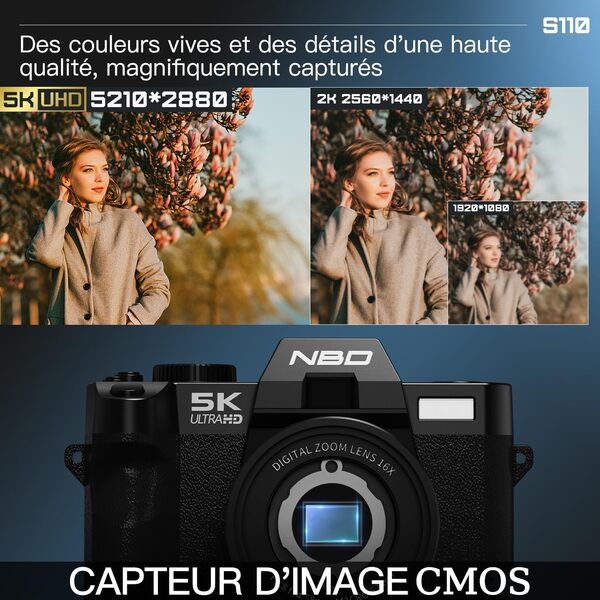 Appareil Photo Numérique NBD 5K 64MP - Autofocus, Zoom 16x, Écran IPS Pivotant 180°, WiFi + Micro + Carte 32GB + 2 Batteries (Noir)