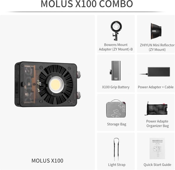 ZHIYUN MOLUS X100 Combo Bi-Color 100W Lumiere Video Studio [Officiel] Version V2 Bicolore Éclairage Continu LED Video Light Portable à Sortie Continue 2700K~6500K CRI≥95 TLCI≥97 pour Youtuber TT