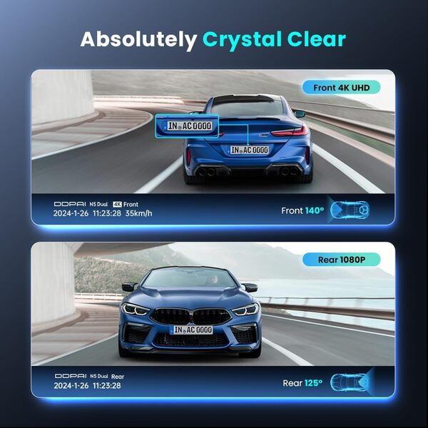 DDPAI Dashcam Voiture Avant Arriere, 4K+1080P Caméra Embarquée Voiture avec 32 Go eMMC Intégrée, Super Vision Nocturne, WiFi 5G, GPS, G-Sensor, Contrôle Via Appli, Surveillance Parking 24h, N5 Dual