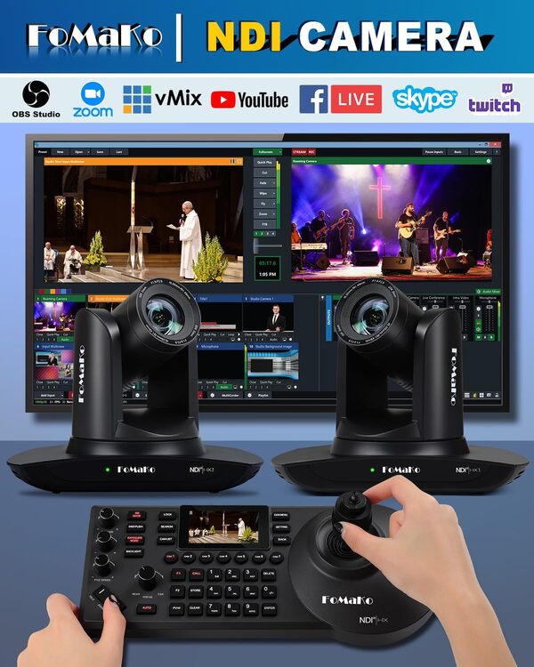 FoMaKo Ensemble de Caméra PTZ NDI, 20x Zoom Optique, Suivi-Automatique IA 1080P 60fps avec HDMI USB3.0 LAN(NDI|HX3, NDI6, PoE), 2*Caméra 20x NDI + 1* Contrôleur PTZ NDI (BN402)