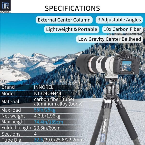 Trépied en Fibre de Carbone INNOREL KT324C Trépied Professionnel pour Appareil Photo DSLR Support Robuste avec Tube de 32,5 mm et Colonne Centrale à tête sphérique panoramique à Faible gravité