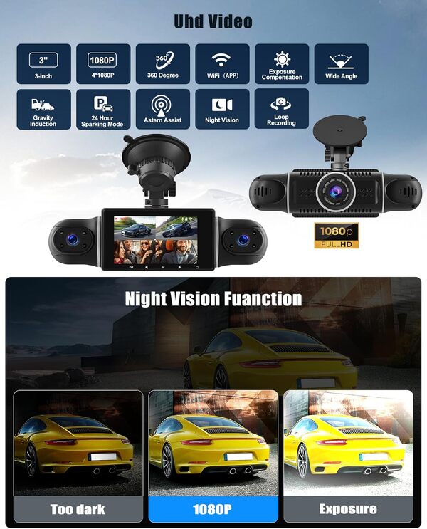 CAMECHO Dashcam 4x1080P Caméra embarquée Avant, Gauche, Droite et arrière avec WiFi GPS, Dashcam 3 Pouces avec Carte 64G, Enregistrement en Boucle, Vision Nocturne, capteur G, Mode Parking 24H