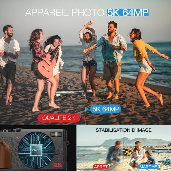 Appareil Photo Numérique 64MP avec Fonctionnalité Vlogging 5K, Écran Pliable à 180°, Zoom 18X - Appareil Photo Compact Point-and-Shoot Débutants, Inclus Carte SD de 32GB et 2 Batteries (Noir)