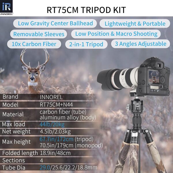 INNOREL RT75CM Kit Trépied et Rotule Carbone 172cm Trépied de Voyage Portable Trépied Professionnel 2 en 1 Monopode Tripod&Head Kit avec Colonne Centrale & N44 Rotule Charge Max 25kg (RT75CM+N44)
