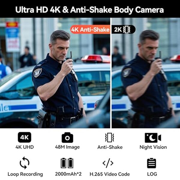 Découvrez la caméra corporelle CAMMHD W8-128G 4K avec fonction anti-flou et batterie 4000mAh pour des vidéos nettes et longues durées