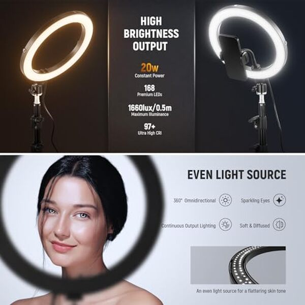 Découvrez notre test complet du néewer anneau lumineux LED 25, 4 cm et 20 W, équipé d'un trépied de 180, 3 cm, pour un éclairage optimal et une adaptabilité sans compromis pour vos photos et vidéos.