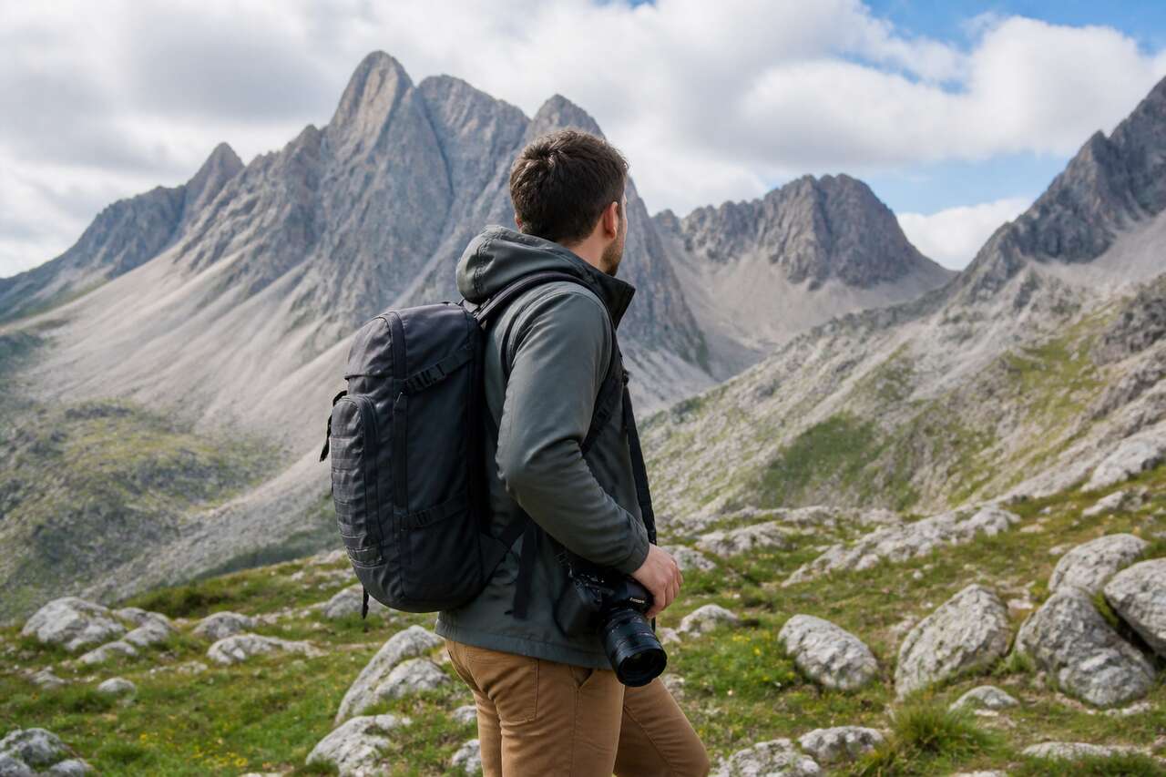 En randonnée: bandoulière avec sac à dos, stabilité et accès rapide En randonnée: bandoulière avec sac à dos, stabilité et accès rapide