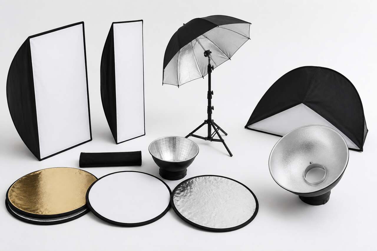 Modificateurs principaux: softbox, parapluies, bol beaut&eacute;, r&eacute;flecteurs