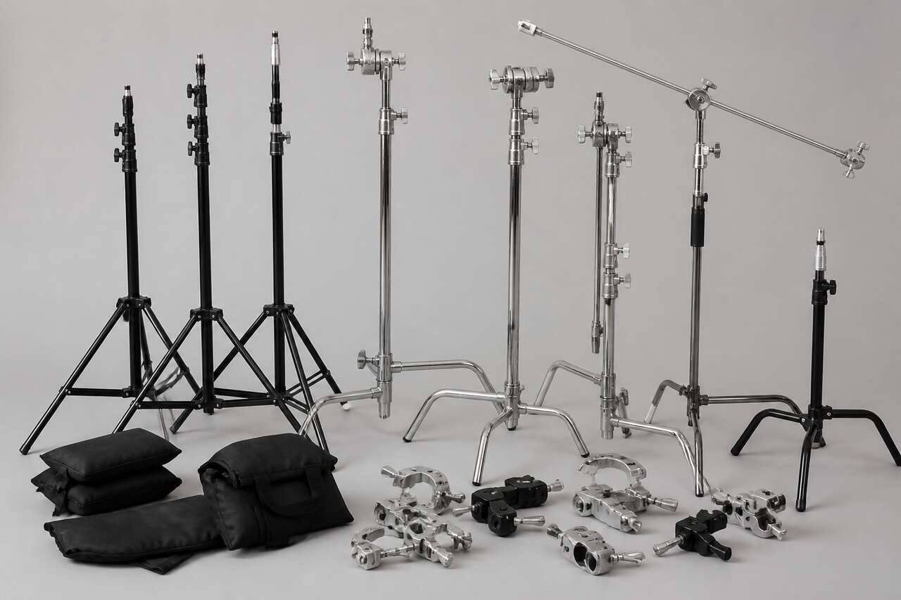 Support et s&eacute;curit&eacute;: pieds, girafes, c-stand, sandbags et pinces